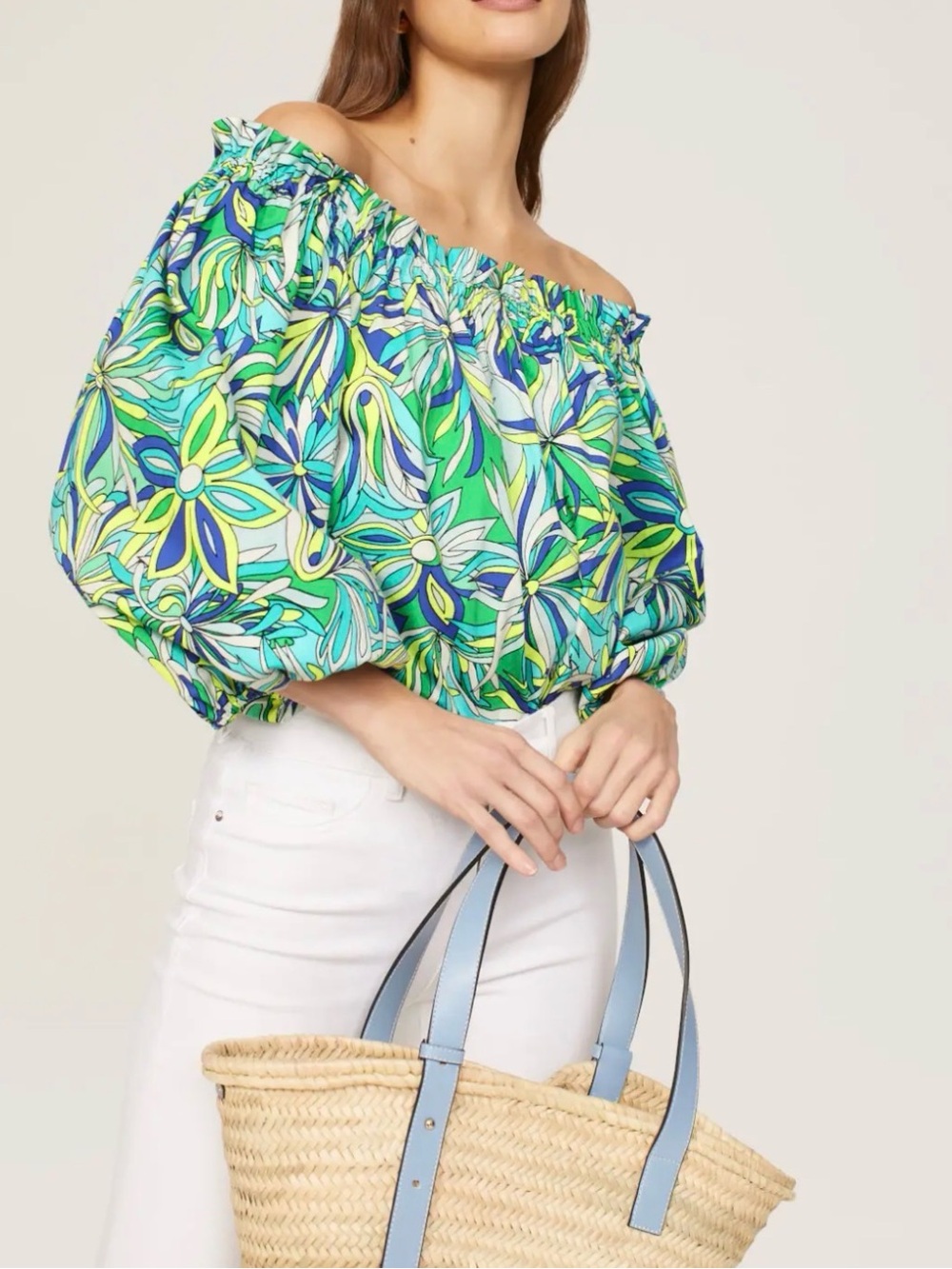 NWOT Kate Spade Anemone Off-Shoulder Puff Sleeve Top, Size XL Color Blue/Green